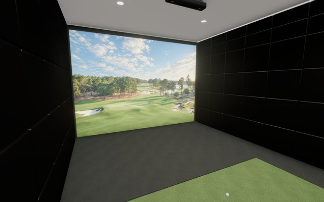 A finished golf simulator room designed in the Rain or Shine Golf Sim Builder
