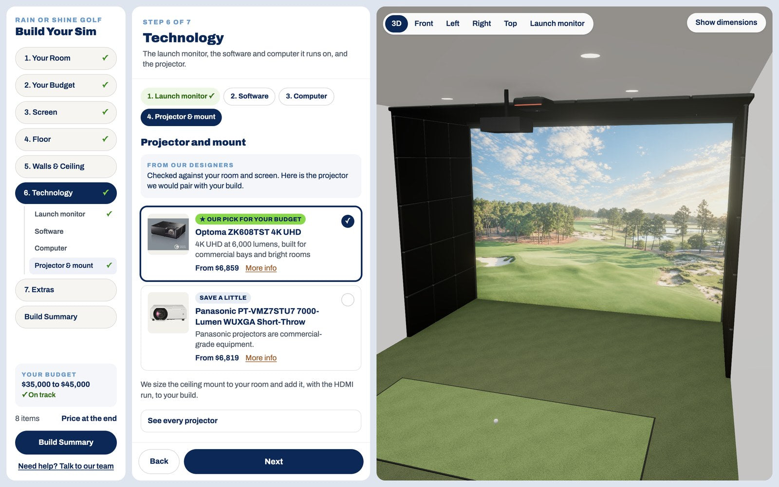 The Rain or Shine Golf Sim Builder: six build steps beside a 3D view of your room